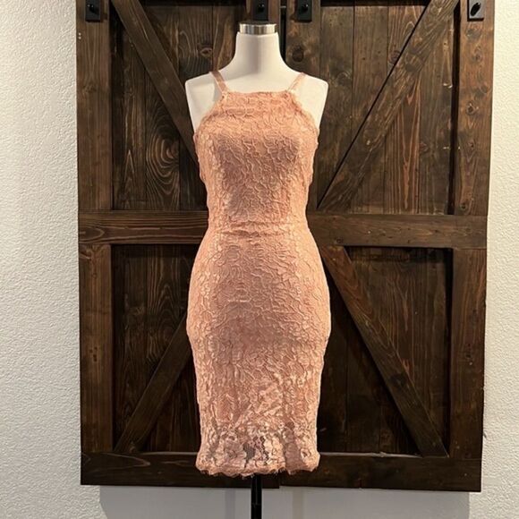 Lulus Wishful Wanderings Blush Pink Lace Bodycon Midi Dress Sz-Small - Picture 5 of 15